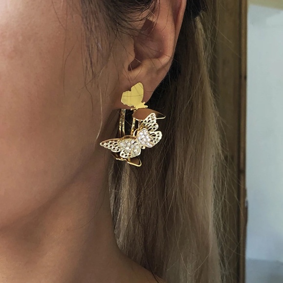Butterflies 3D Hoop Earrings, Gold Earrings,Butterfly Earrings - Picture 3 of 6